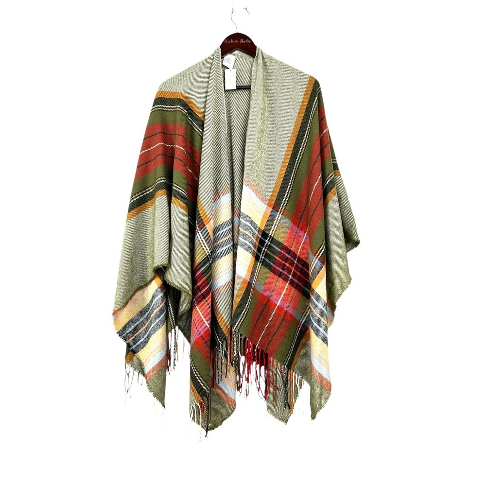 New Francesca Plaid Poncho Fringe Wrap Southwestern Western Women OS Poncho